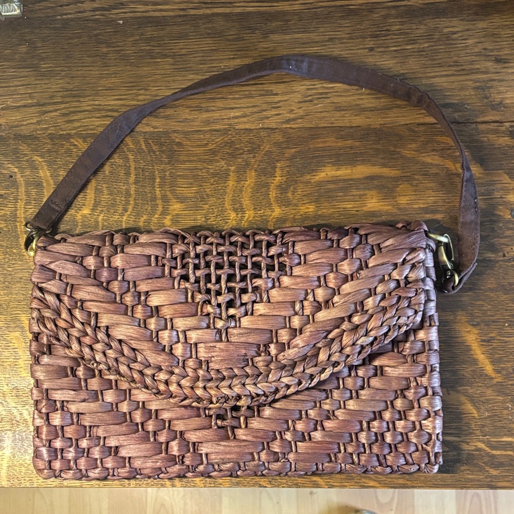 Straw Studios Brown Woven Clutch with Braided Flap